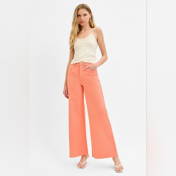 Risen Jeans Denim - Risen High Rise Tummy Control Wide Leg Palazzo Jeans Coral Peach Various NEW